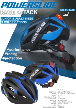 Powerslide Race Attack fiets/skatehelm zwart/blauw met LED licht
